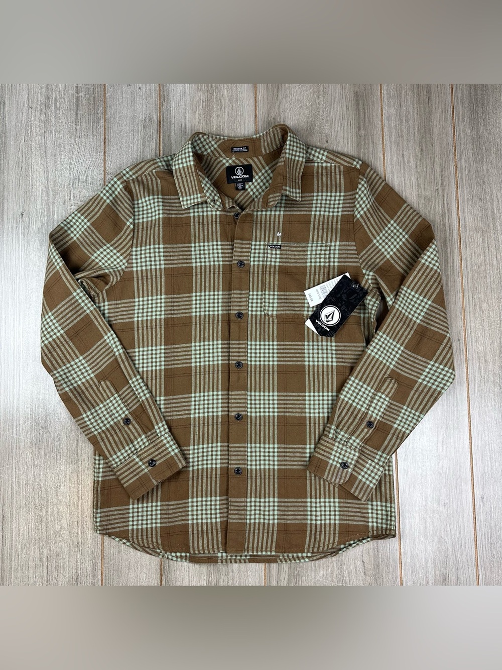 Volcom Flannel Shirt Mens M Plaid Tan Brown NEW